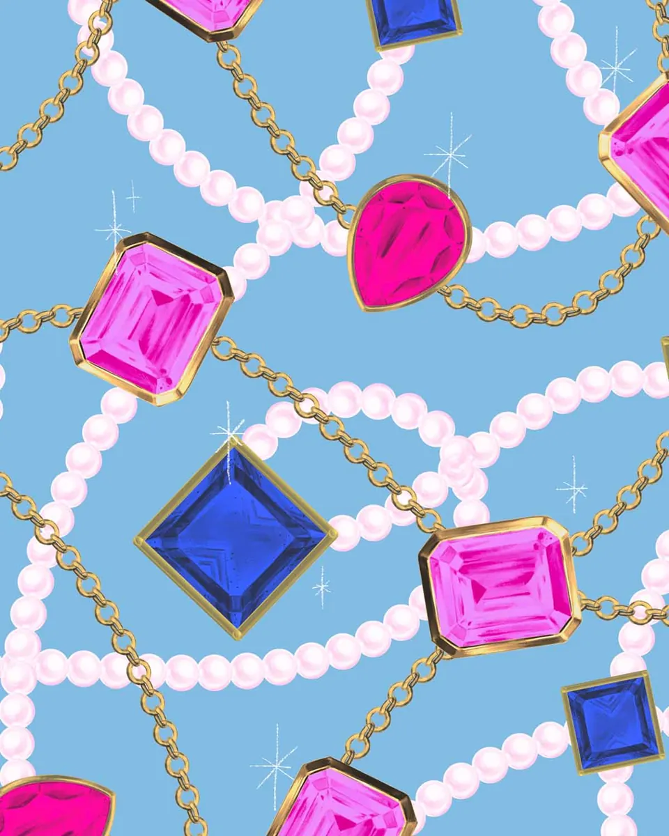 Pink and blue gemstones on gold chains with pearl strands, drawn with the Effortless Jewelry brushes