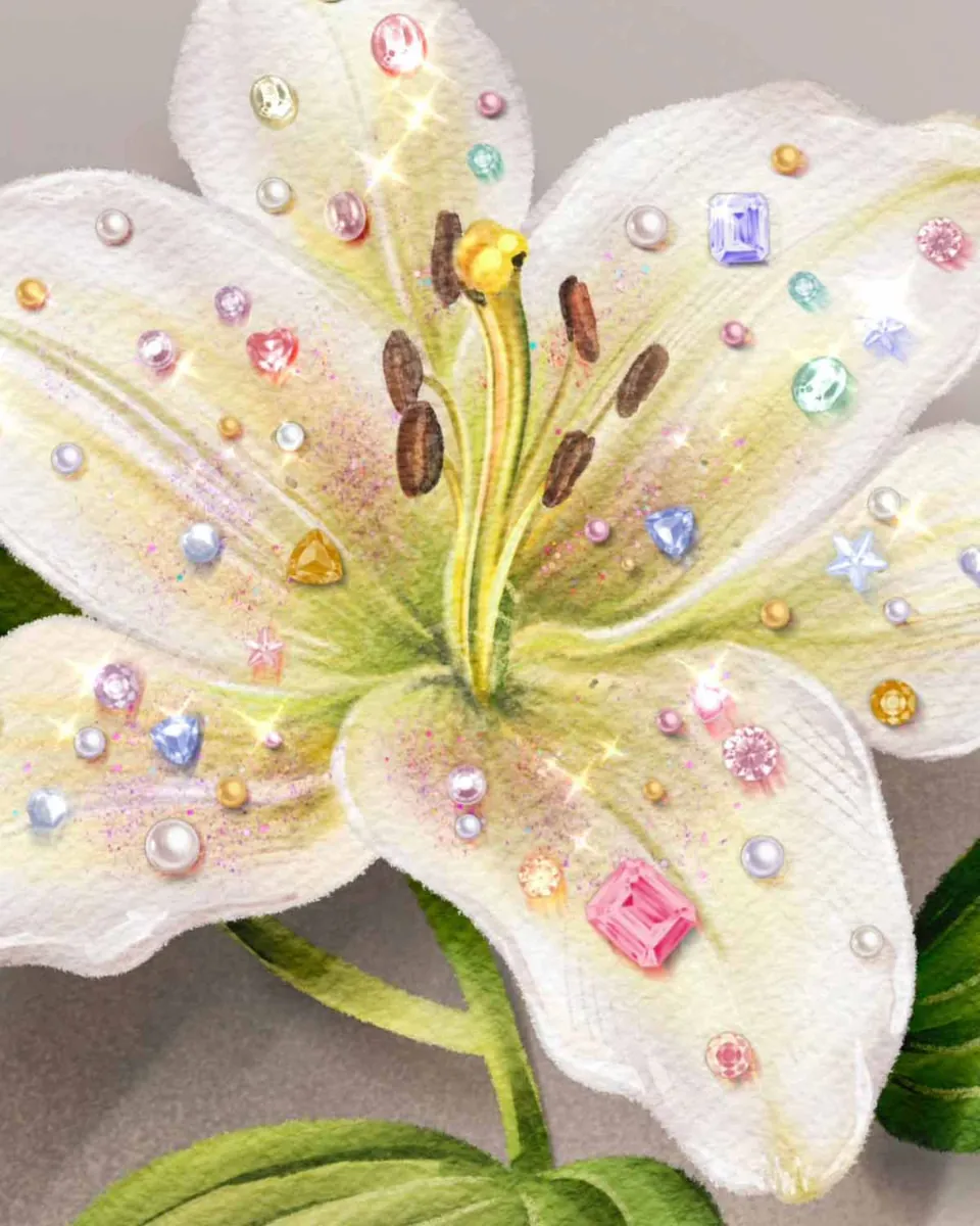 A white lily scattered with tiny colored gems and pearls