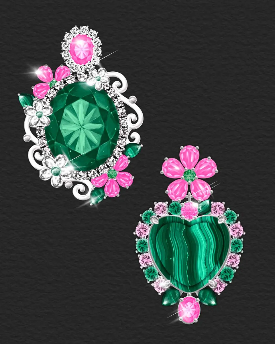Malachite heart earrings with pink tourmaline flowers and a silver scroll setting