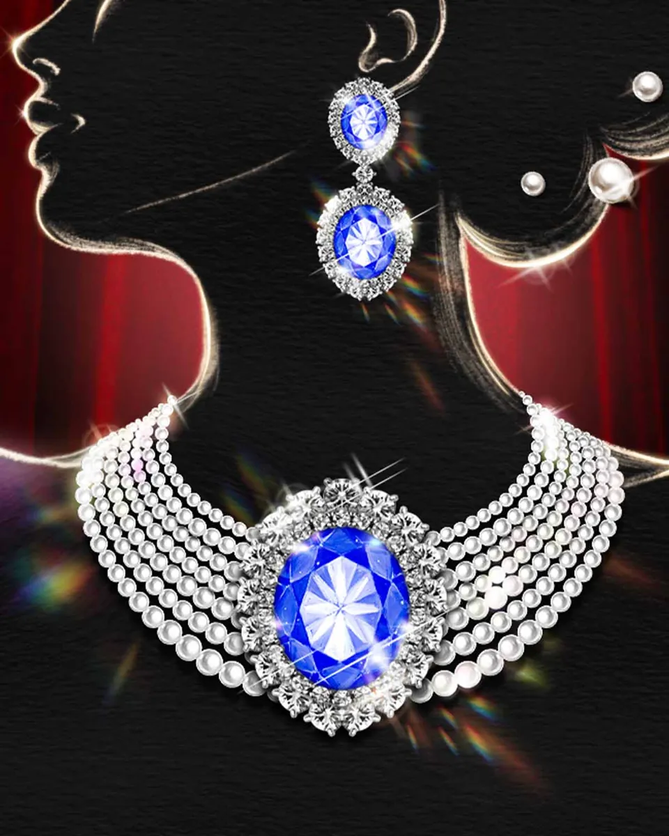 A woman in silhouette wearing a pearl choker with a large sapphire and matching earrings