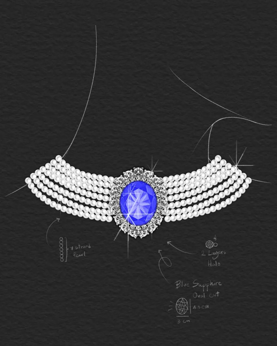 Freya's design sketch of Princess Diana's sapphire and pearl choker, reimagined in the course
