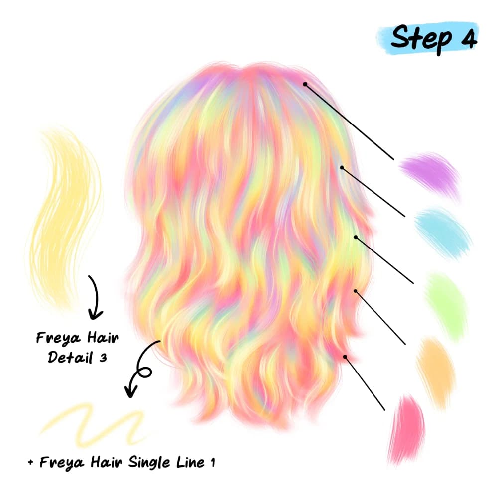 Painting colorful rainbow strands and highlights with Freya Hair Detail 3 brush in Procreate