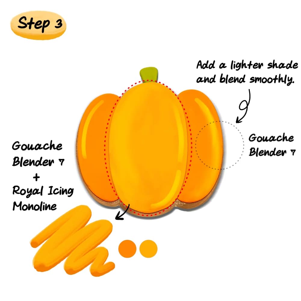 Step 3: Blending lighter orange shades to create smooth icing highlights on the pumpkin cookie.