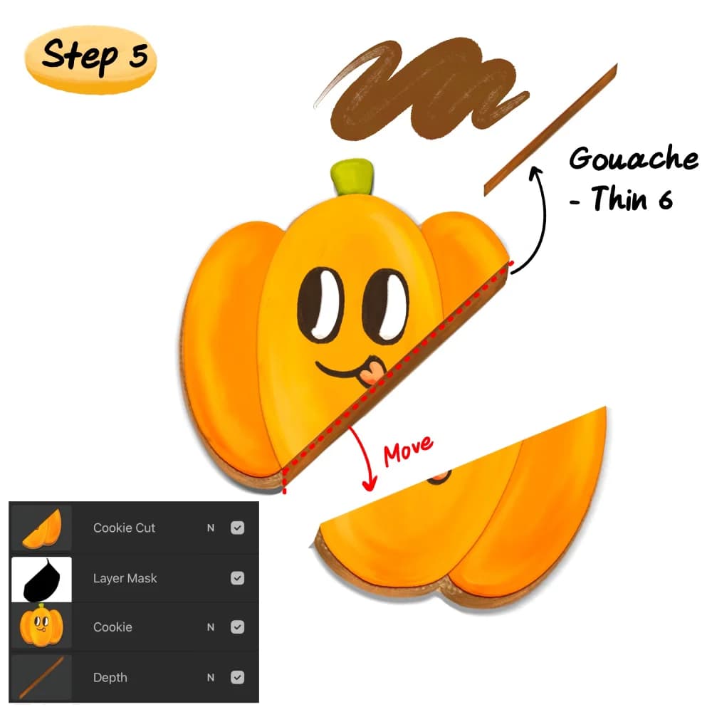 Step 5: Cutting the pumpkin cookie layer and painting depth behind it using Freya Gouache Thin 6 brush.
