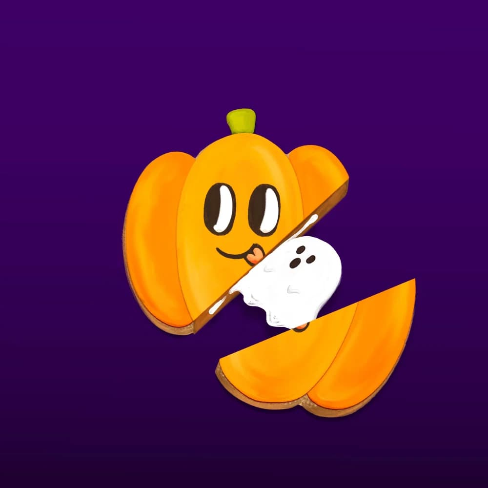 Finished Halloween pumpkin cookie art with ghost filling, created in Procreate using the Halloween Pumpkin Cookie Brush Set.